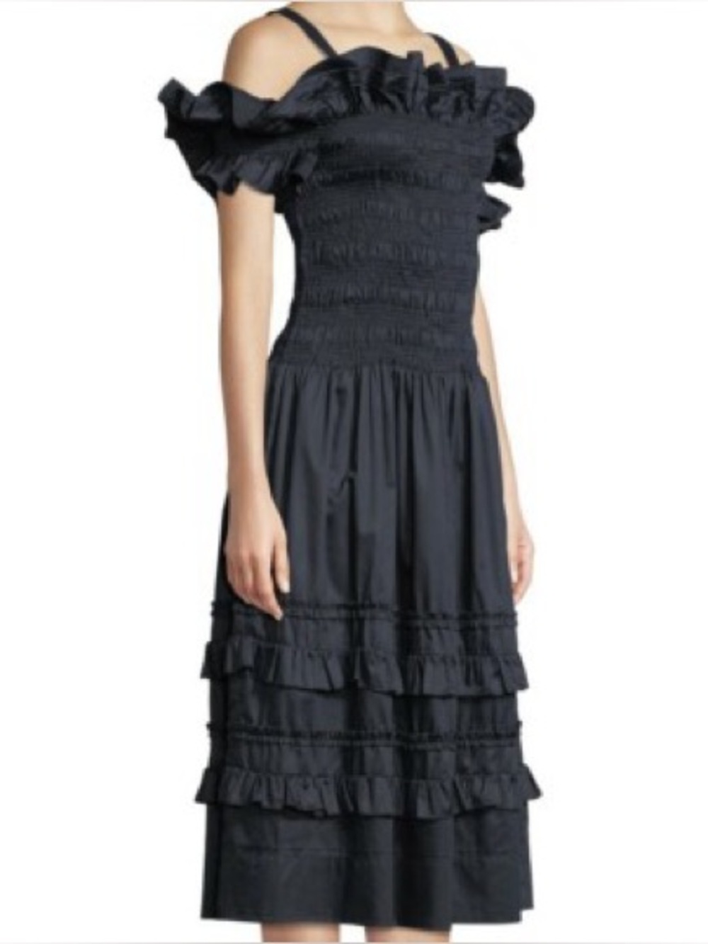 REBECCA TAYLOR Sateen Cotton Smocked Dress Sz 4 / S Navy Blue Tiered Ruffles Fit